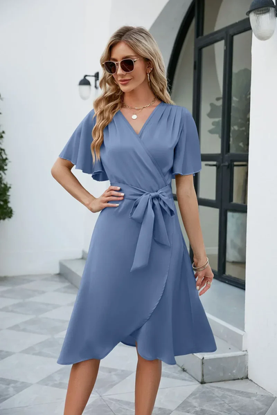 Elegant Wrap Dress Ladies - Robe d'été courte avec col en V et ceinture à nœud