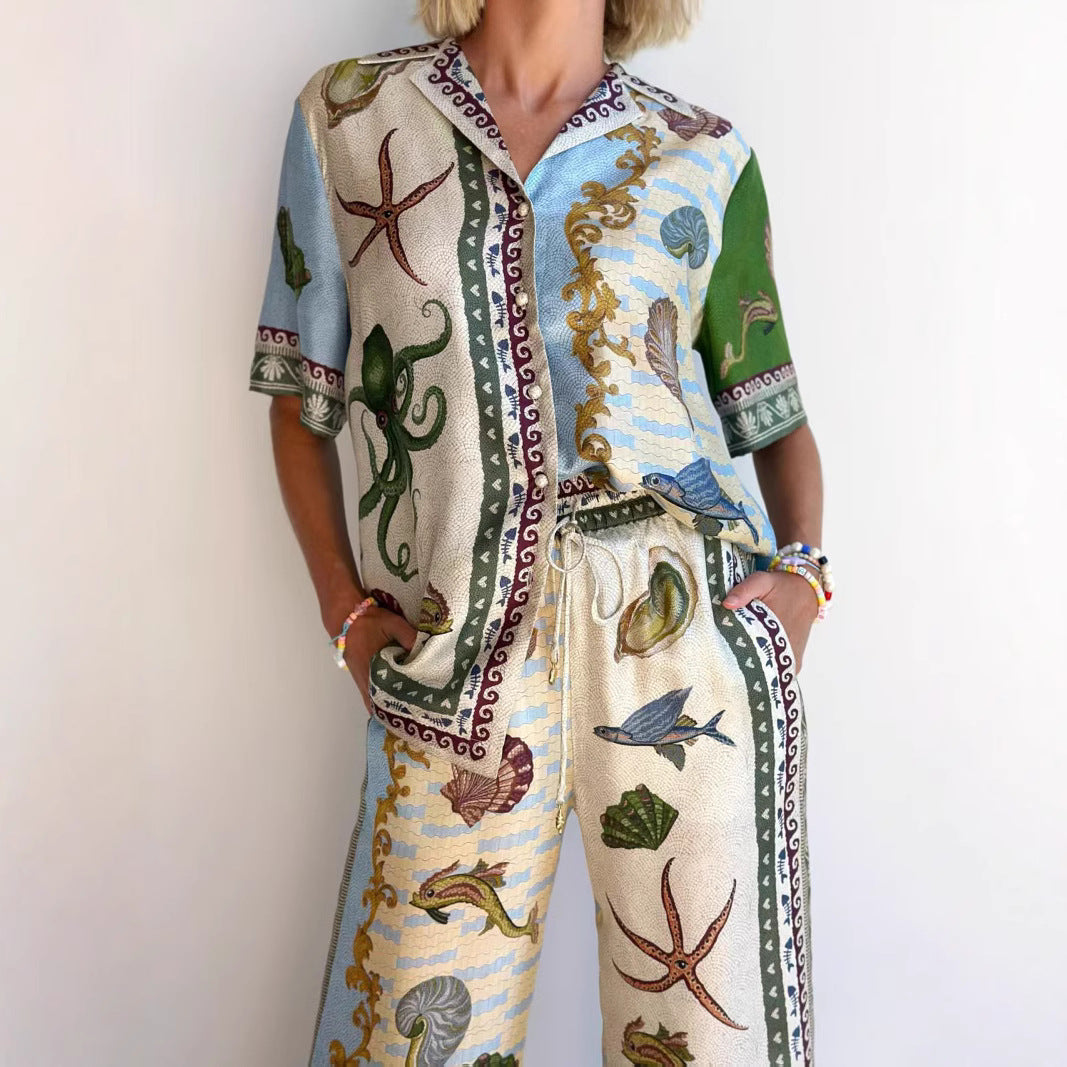 Ensemble Femme Chemise et Pantalon – Coupe Ample – Tissu Respirant – Motifs Marins