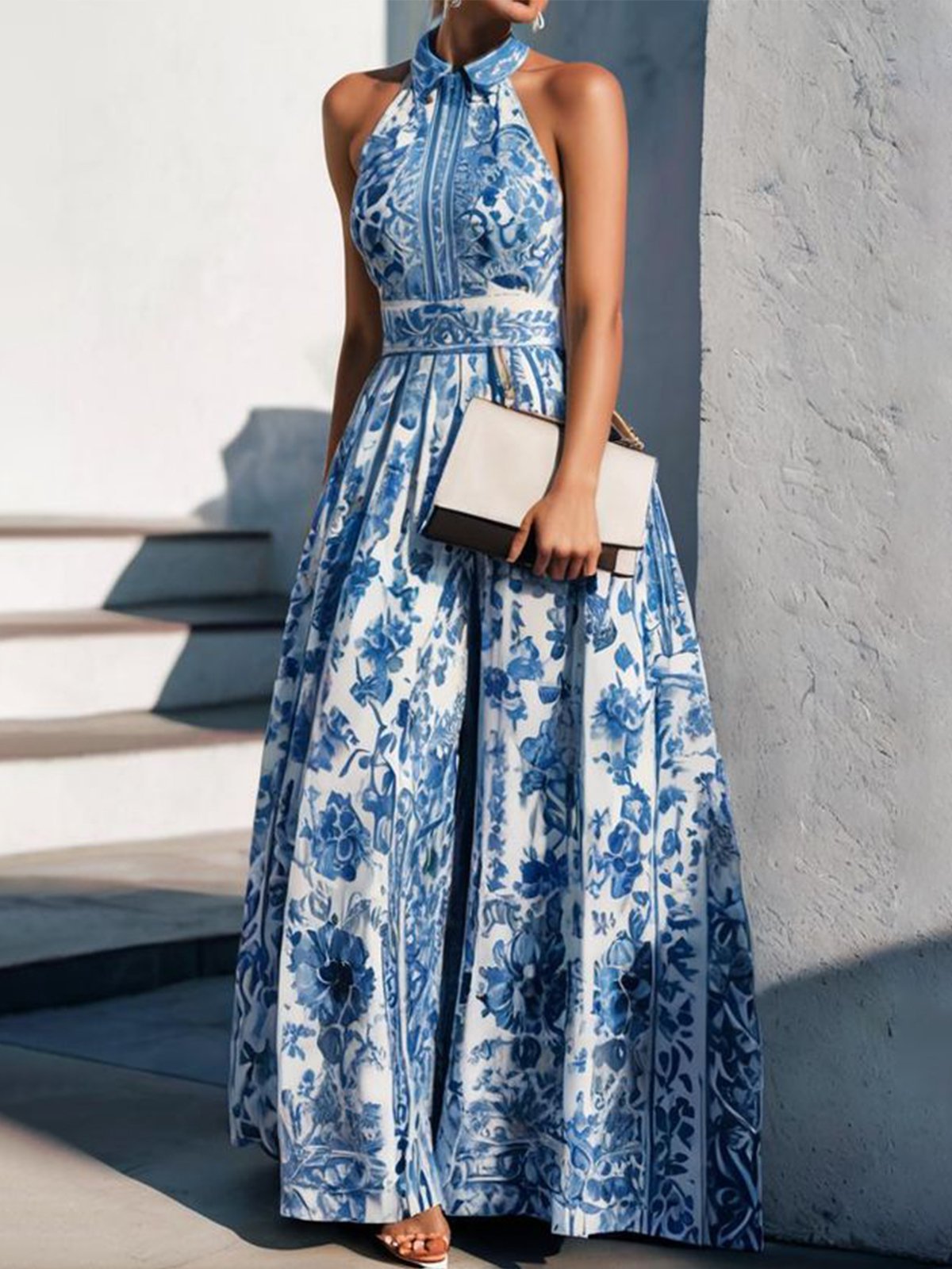 Robe longue femme – Évasée élégante – Tissu respirant – Imprimé raffiné – Dos nu