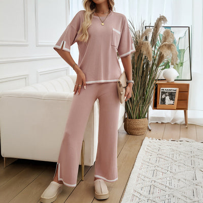 Ensemble Lounge Femme – Maille Douce – Coupe Ample – Pantalon Jambe Large – Finitions Contrastées