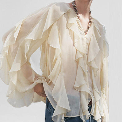 Blouse femme – Coupe ample – Tissu fluide – Col V – Manches longues – Volants élégants