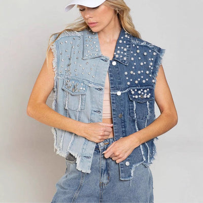 Veste en jean femme – Coupe courte – Sans manches – Effet usé – Clous décoratifs