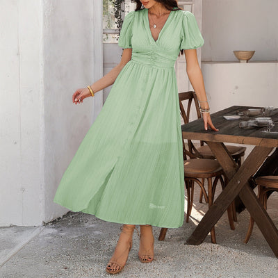 Robe longue femme – Tissu léger fluide – Taille haute – Manches courtes – Fente devant