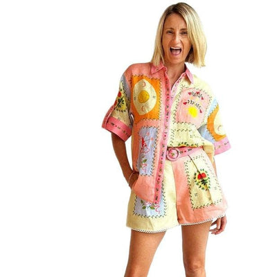 Ensemble Femme Chemise et Short – Coupe Décontractée – Taille Haute Ceinturée – Broderies