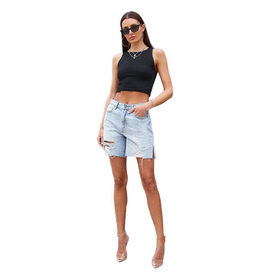 Short en jean femme – Coupe décontractée – Détails usés – Fentes latérales – Longueur genou