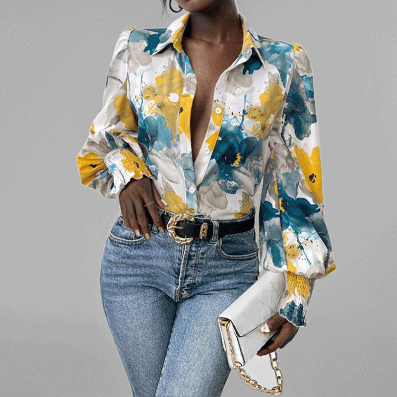 Chemise femme – Coupe oversize – Manches bouffantes – Imprimé floral – Tissu respirant