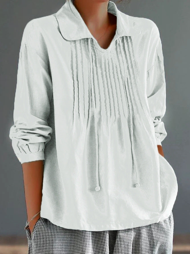 Chemise femme manches longues – Coupe ample – Fibres naturelles – Col plissé élégant