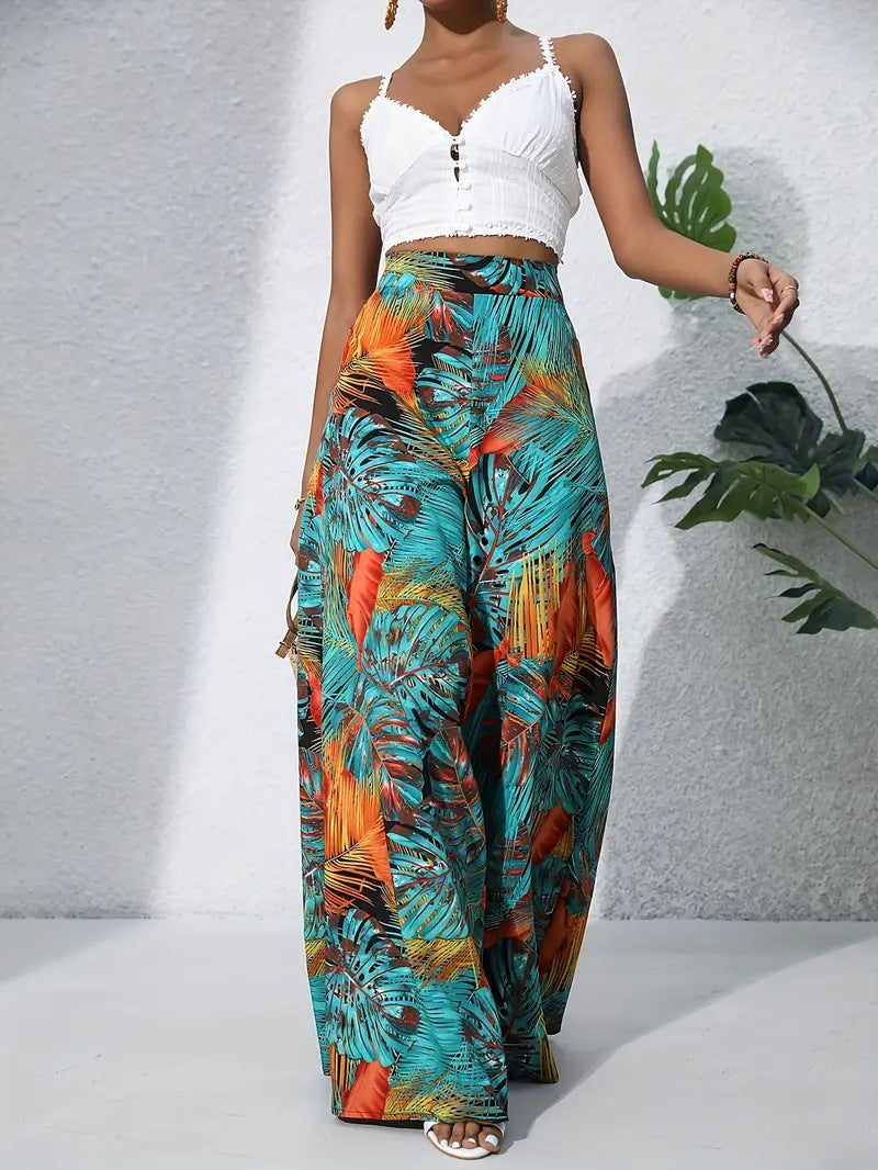 Pantalon large femme – Taille haute – Tissu léger – Imprimé floral intégral