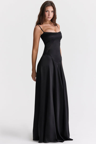 Robe de soirée femme – Coupe évasée longue – Bretelles fines – Taille ajourée