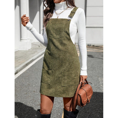 Robe salopette femme – Coupe slim – Effet velours côtelé – Bretelles à boucles – Poches devant