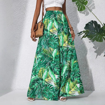 Pantalon large femme – Taille haute – Tissu léger – Imprimé floral intégral