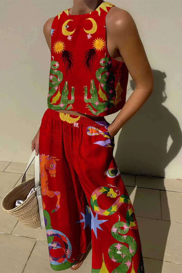 Top court sans manches femme – Coupe décontractée – Motifs imprimés audacieux – Fibres naturelles