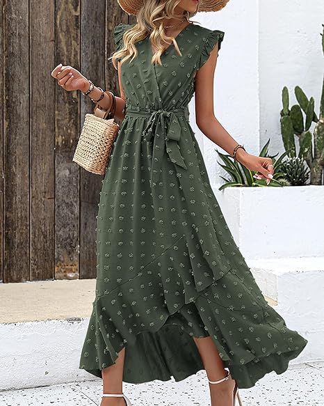 Robe longue avec tissu texturé et volants - Robe d'été élégante avec encolure en V et ceinture à nœuds