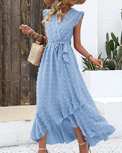 Robe longue avec tissu texturé et volants - Robe d'été élégante avec encolure en V et ceinture à nœuds