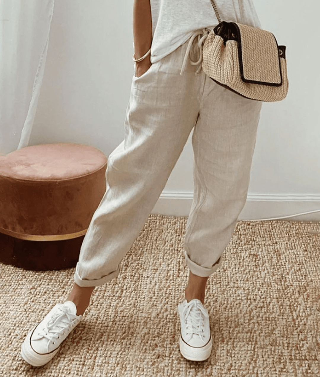Pantalon femme – Coupe décontractée – Taille à cordon – Imprimé abstrait – Tissu léger