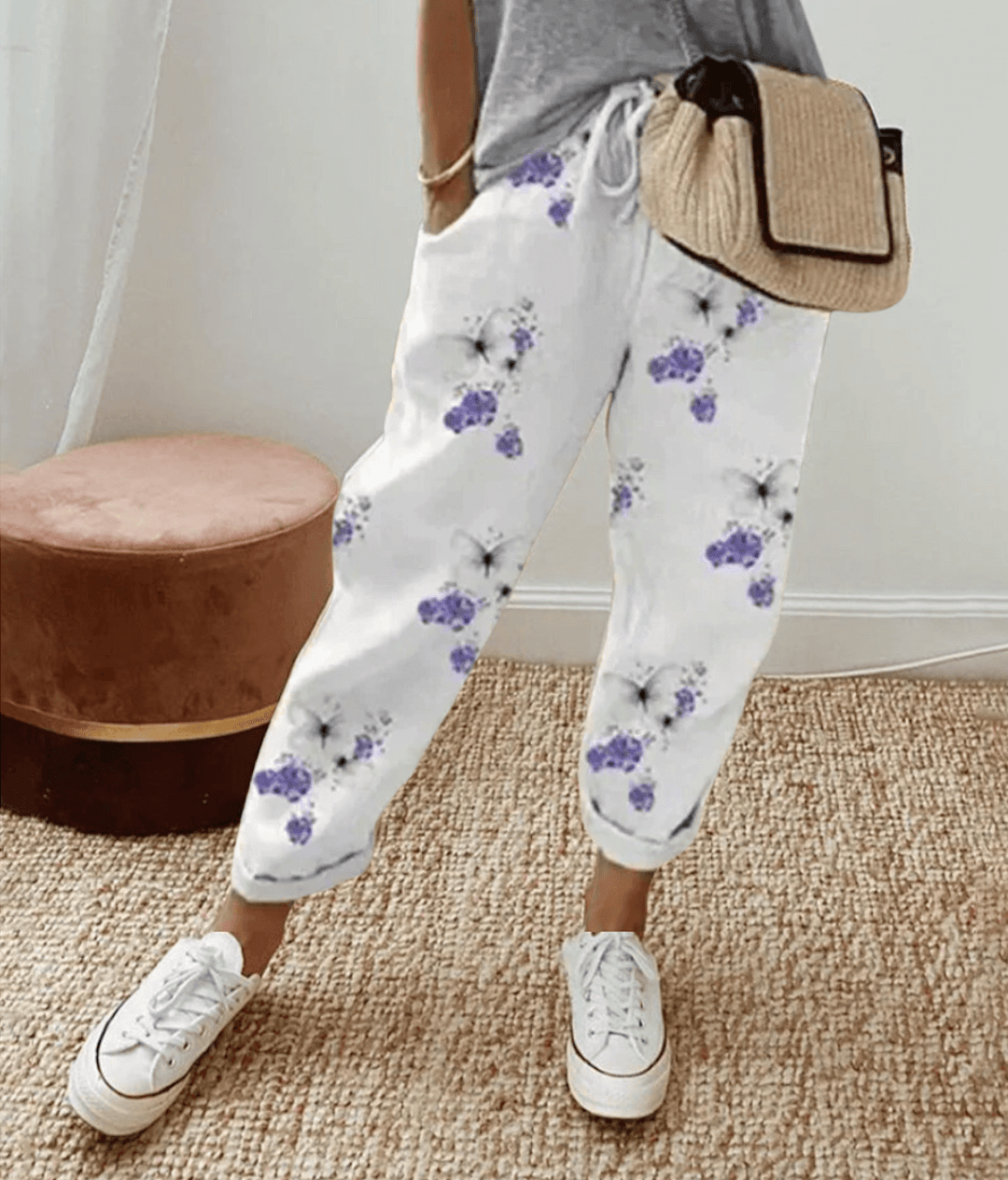 Pantalon femme – Coupe décontractée – Taille à cordon – Imprimé abstrait – Tissu léger