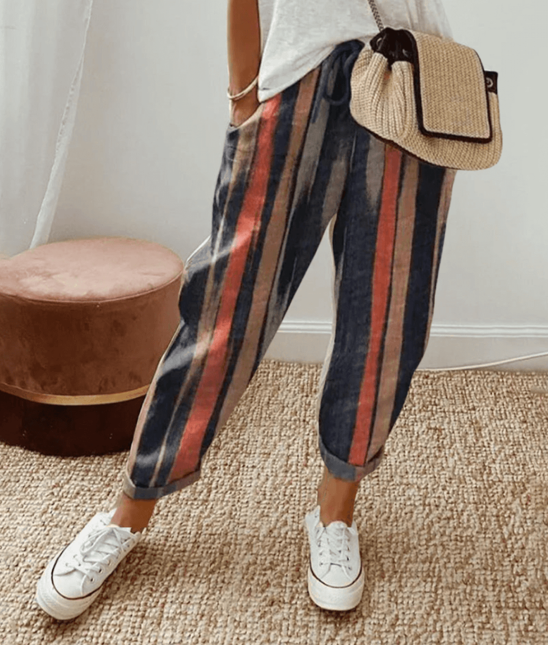 Pantalon femme – Coupe décontractée – Taille à cordon – Imprimé abstrait – Tissu léger