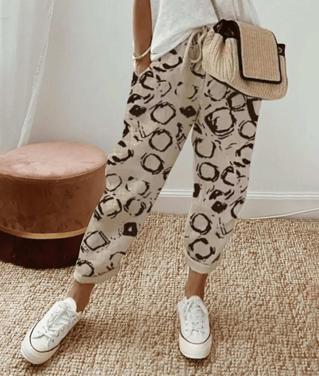 Pantalon femme – Coupe décontractée – Taille à cordon – Imprimé abstrait – Tissu léger