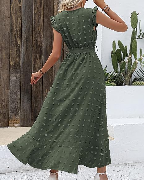 Robe longue avec tissu texturé et volants - Robe d'été élégante avec encolure en V et ceinture à nœuds
