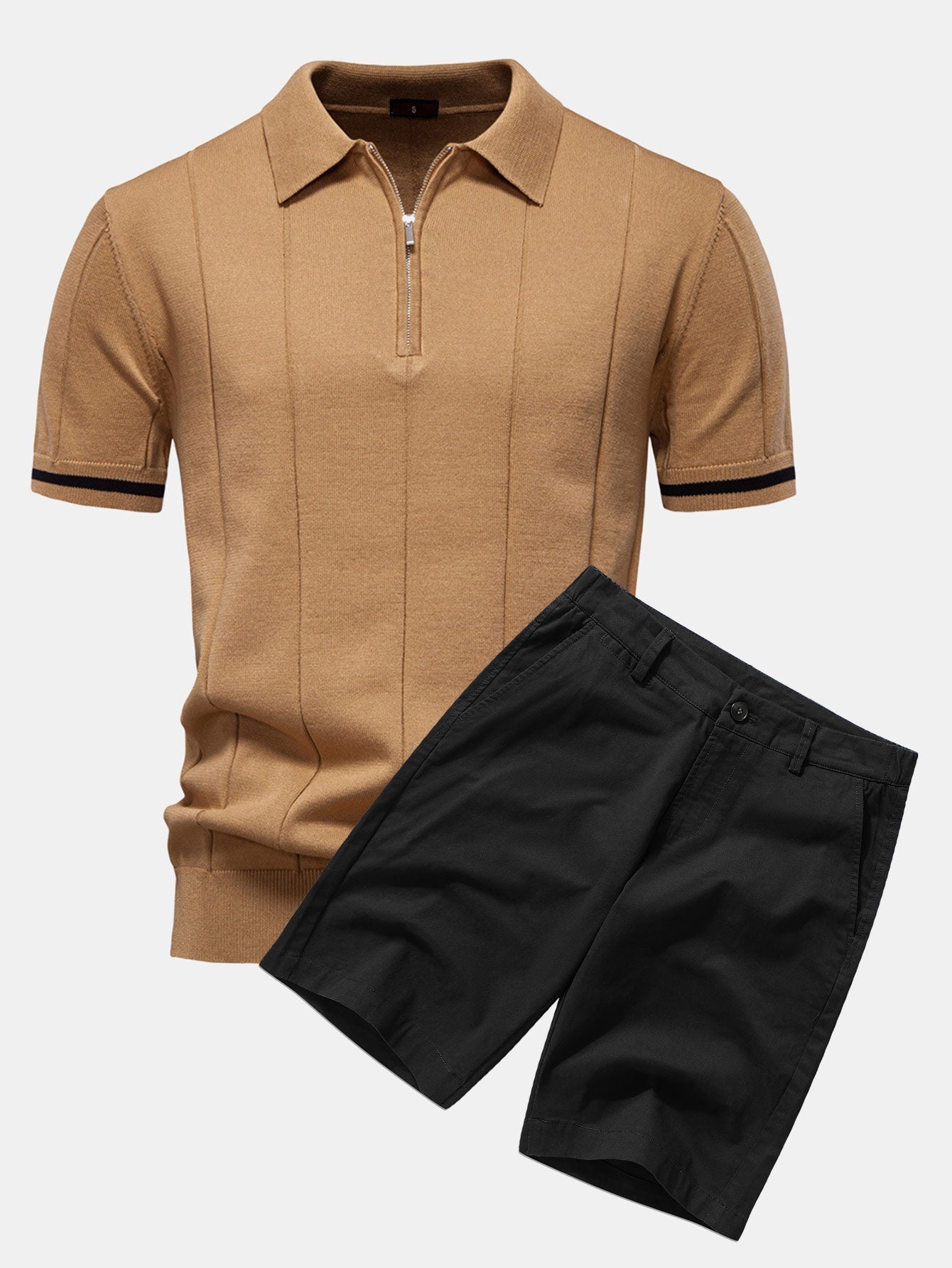 Polo en Maille à Fermeture Éclair avec Liseré Contrastant & Short Chino en Coton