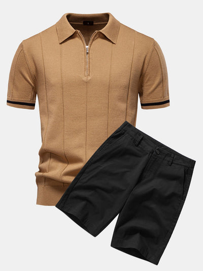 Polo en Maille à Fermeture Éclair avec Liseré Contrastant & Short Chino en Coton