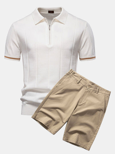 Polo en Maille à Fermeture Éclair avec Liseré Contrastant & Short Chino en Coton