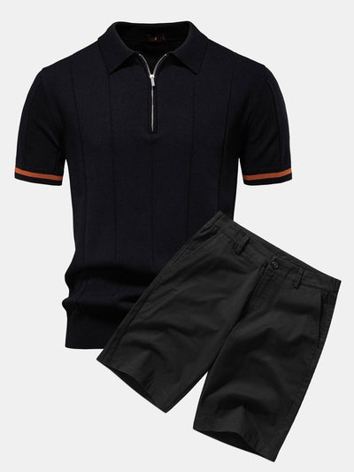 Polo en Maille à Fermeture Éclair avec Liseré Contrastant & Short Chino en Coton