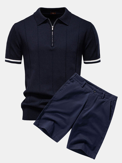 Polo en Maille à Fermeture Éclair avec Liseré Contrastant & Short Chino en Coton