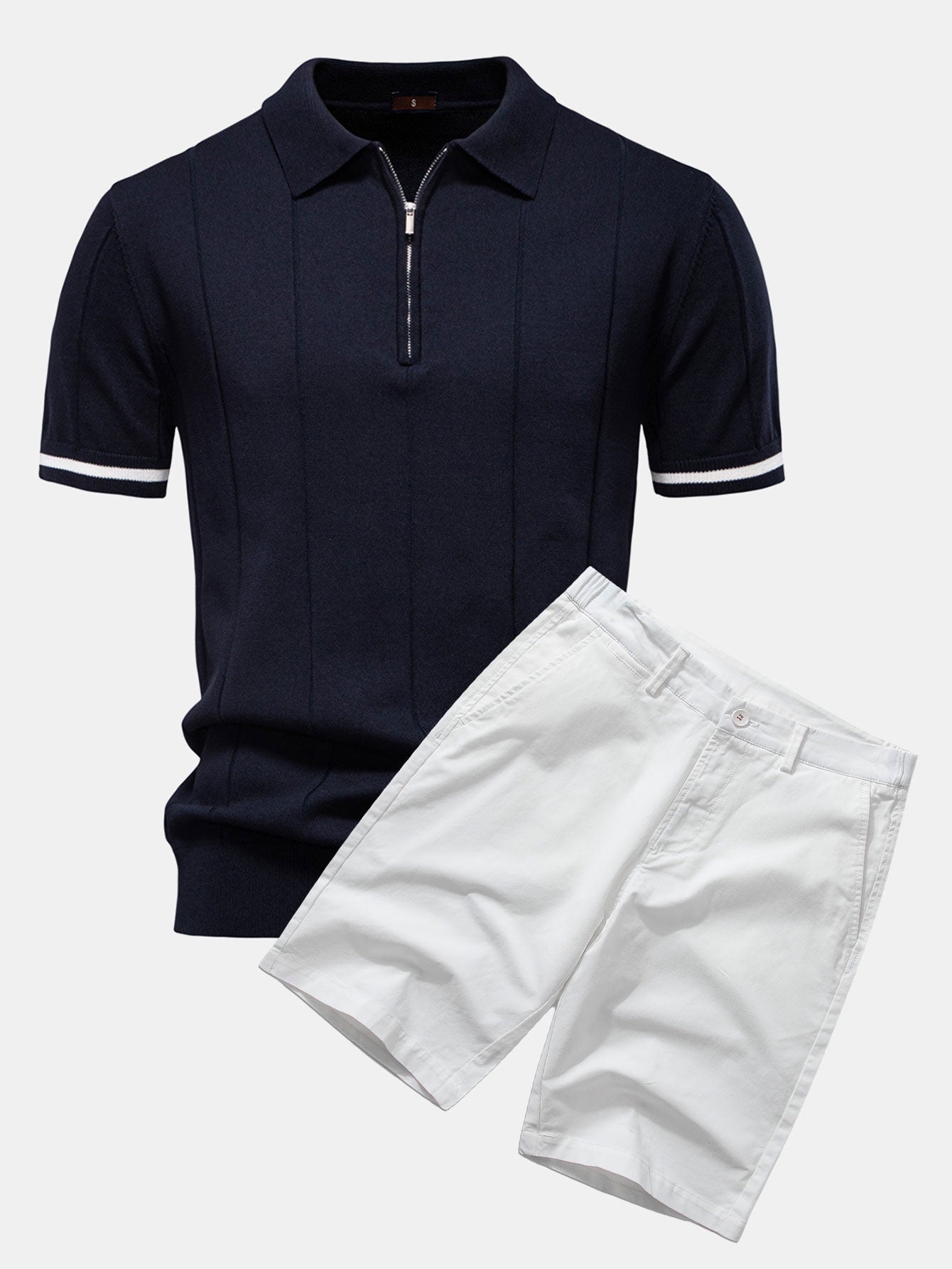 Polo en Maille à Fermeture Éclair avec Liseré Contrastant & Short Chino en Coton