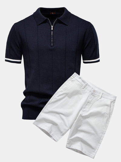 Polo en Maille à Fermeture Éclair avec Liseré Contrastant & Short Chino en Coton
