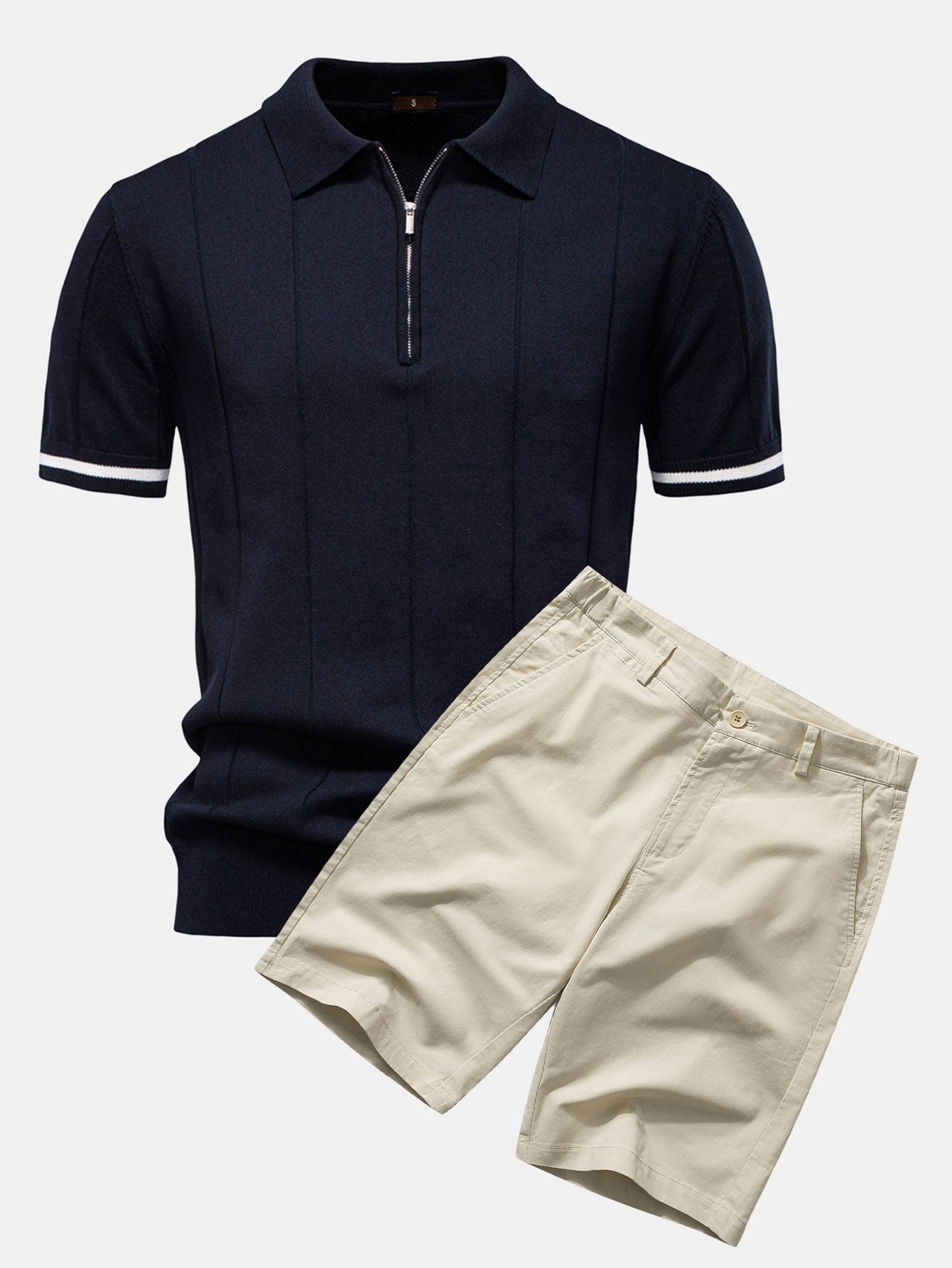 Polo en Maille à Fermeture Éclair avec Liseré Contrastant & Short Chino en Coton
