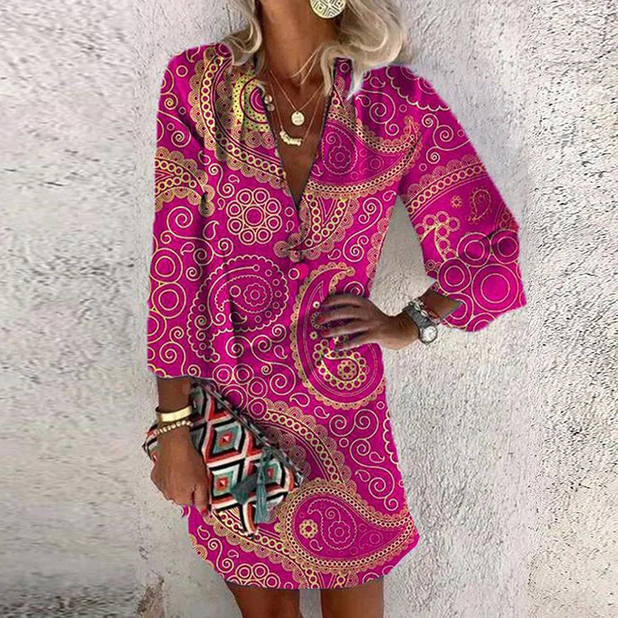 Robe courte femme – Coupe cintrée – Décolleté plongeant – Motif cachemire – Tissu respirant