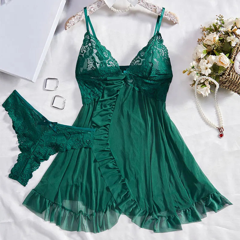 Nuisette femme – Décolleté en dentelle – Tissu fluide semi-transparent – Coupe ajustée