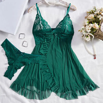 Nuisette femme – Décolleté en dentelle – Tissu fluide semi-transparent – Coupe ajustée