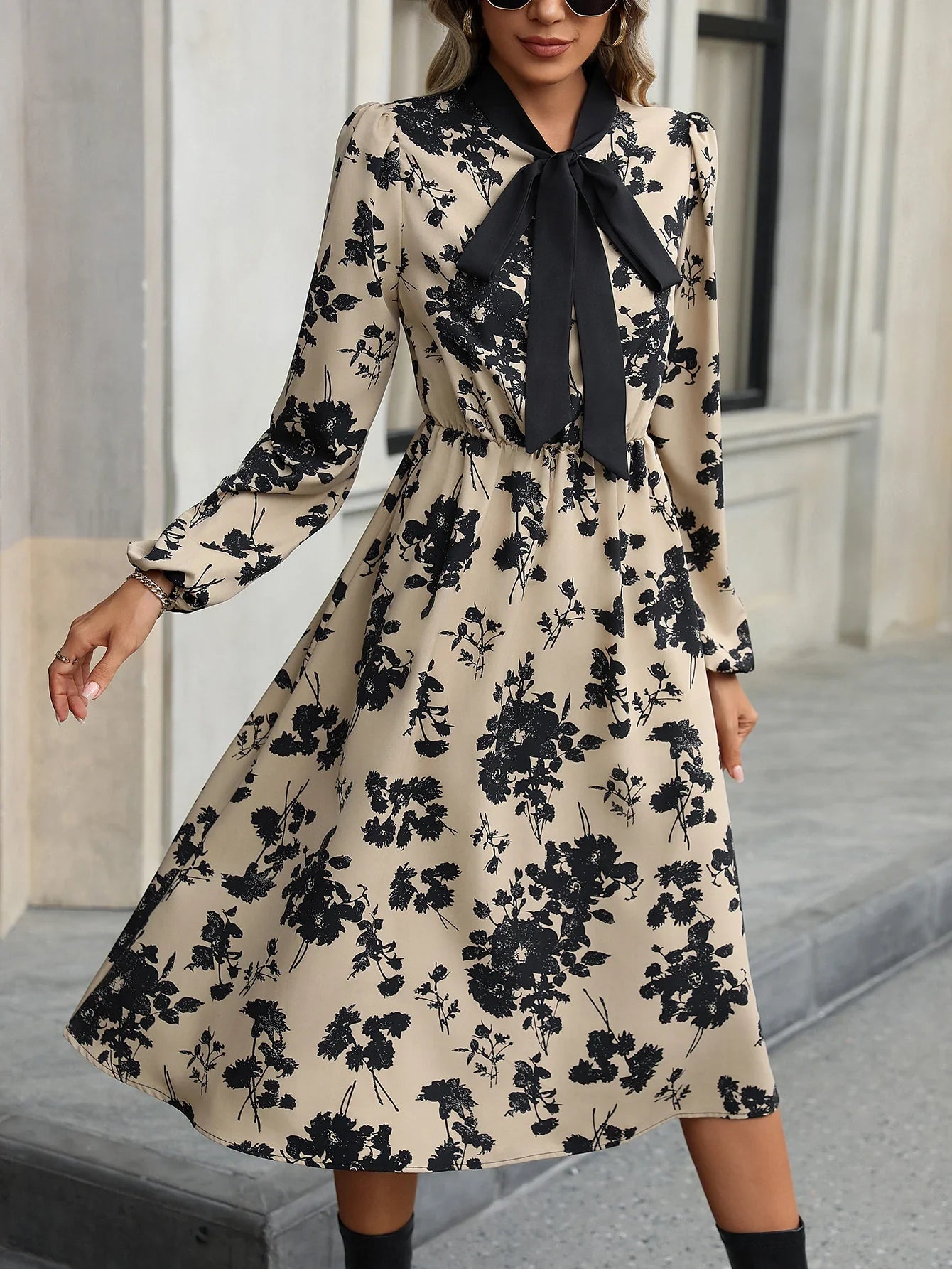 Kylie | Bow-Tie Floral Print Dress Elegant and Timeless
