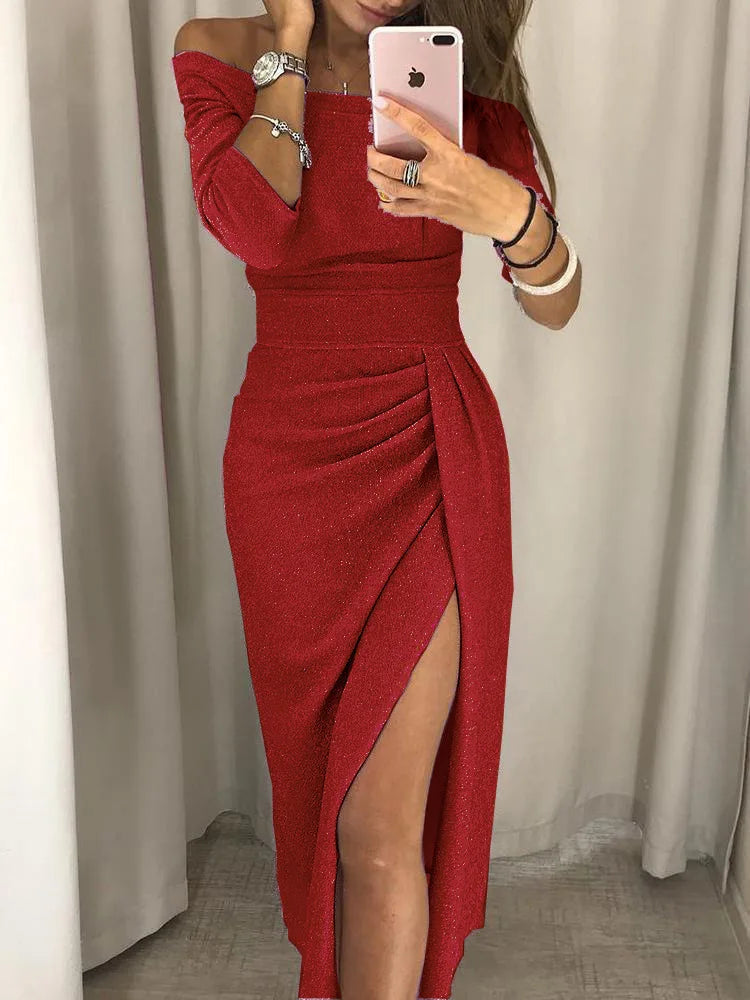 Celeste™ | Robe Glamour Fendue à Épaules Dénudées