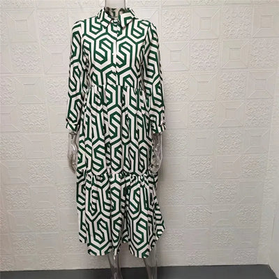 Robe femme longue – Manches longues – Coupe ample – Motif géométrique – Tissu respirant