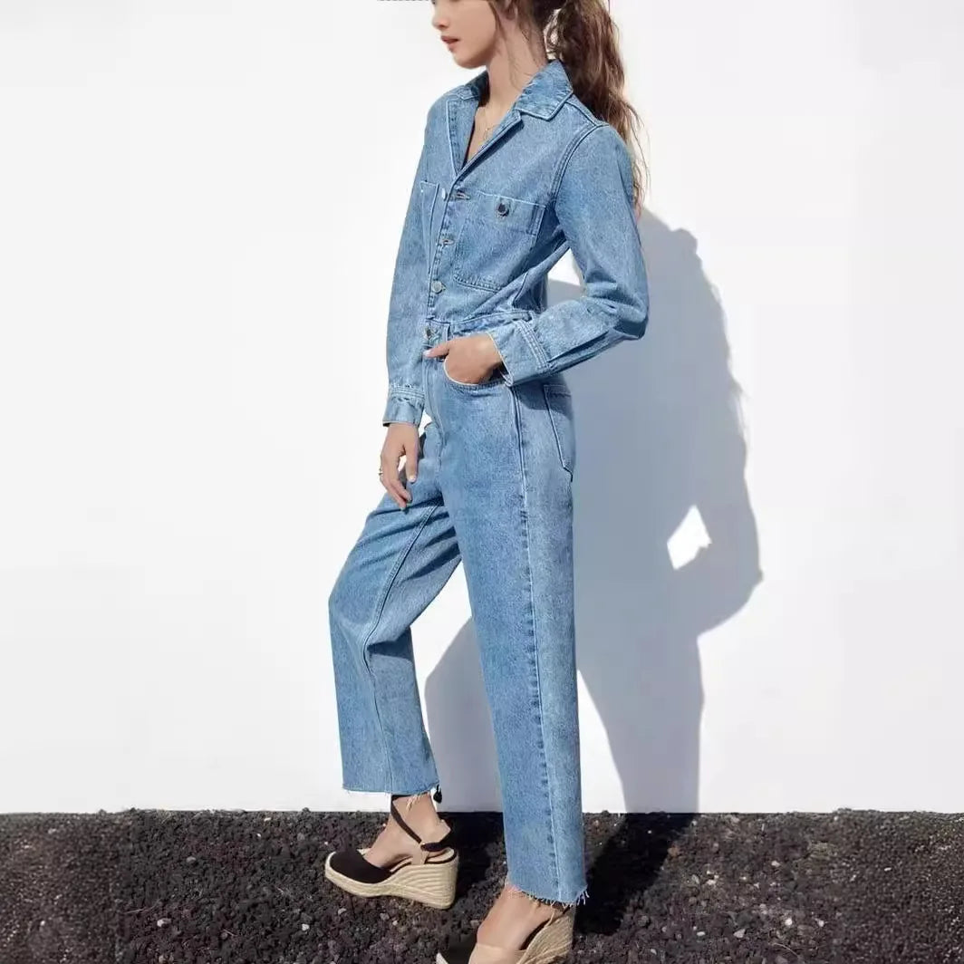 Livia| Combinaison Femme Manches Longues Taille Haute Denim