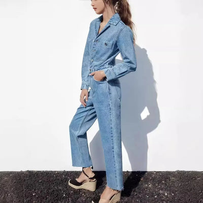 Livia| Combinaison Femme Manches Longues Taille Haute Denim