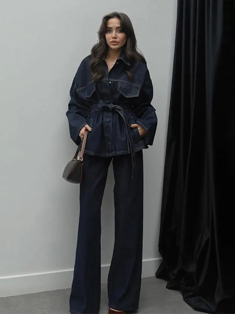 Charlotte| Ensemble de Veste en Jean de Rue et Pantalons pour Femmes avec Ceinture