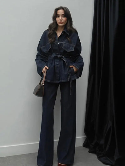 Charlotte| Ensemble de Veste en Jean de Rue et Pantalons pour Femmes avec Ceinture