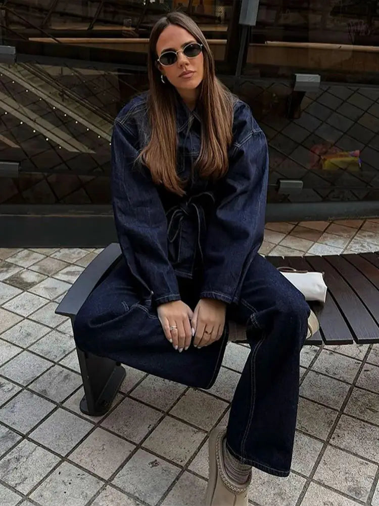 Charlotte| Ensemble de Veste en Jean de Rue et Pantalons pour Femmes avec Ceinture