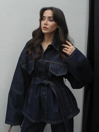Charlotte| Ensemble de Veste en Jean de Rue et Pantalons pour Femmes avec Ceinture