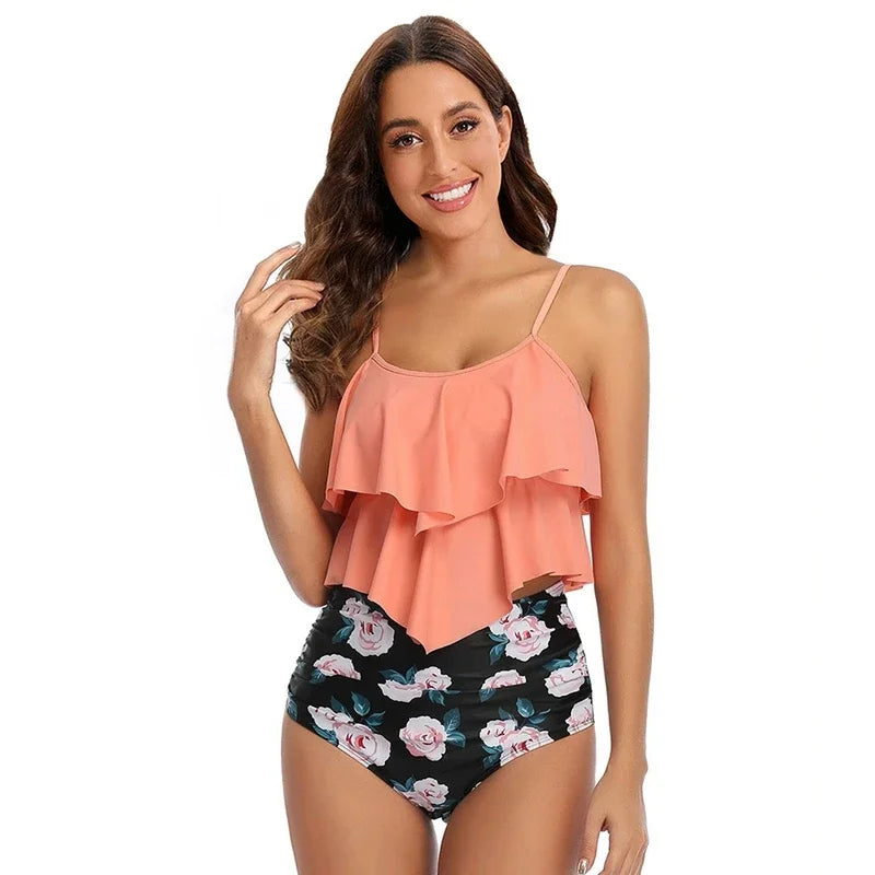 Maillot de bain femme – Coupe haute – Détail froncé – Volants – Bretelles réglables