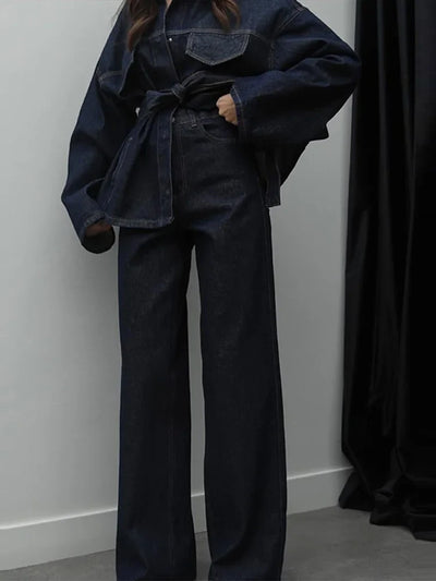 Charlotte| Ensemble de Veste en Jean de Rue et Pantalons pour Femmes avec Ceinture
