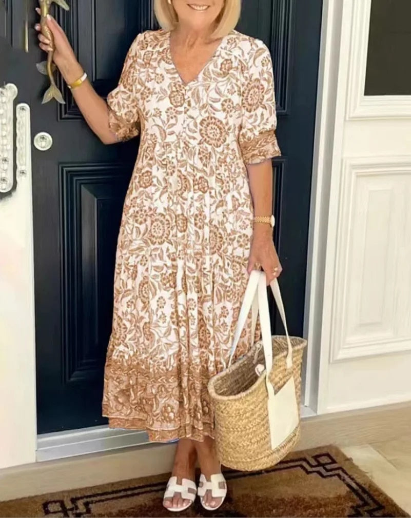Luna™ | Robe Élégante à Fleurs et Col en V