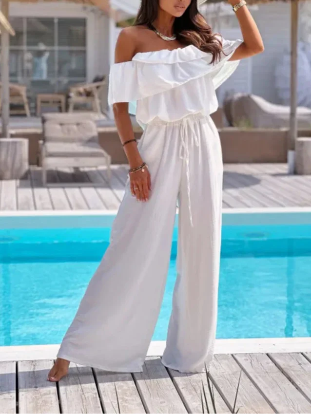 Combinaison femme – Épaules dénudées – Taille ajustable – Jambes larges fluide