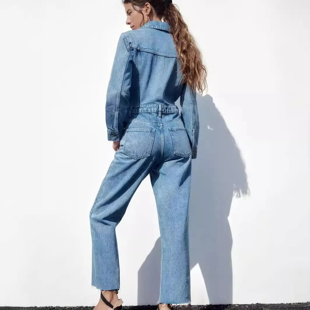 Livia| Combinaison Femme Manches Longues Taille Haute Denim