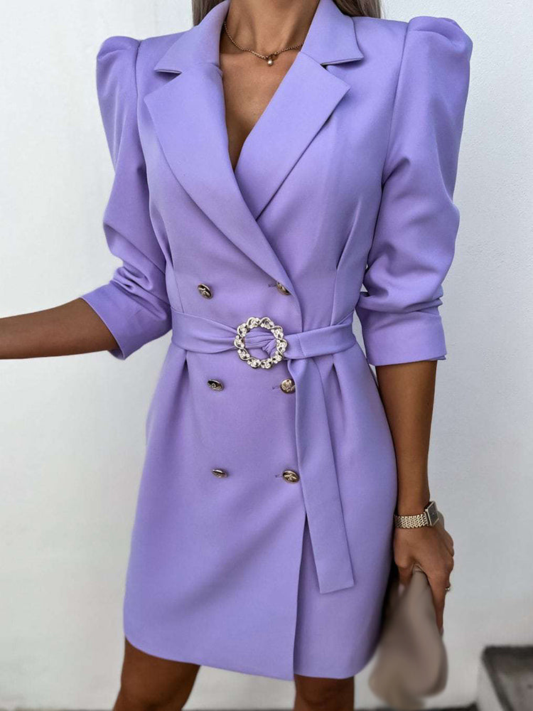 Robe Blazer Femme – Coupe Cintrée – Double Boutonnage – Ceinture à Boucle – Manches 3/4