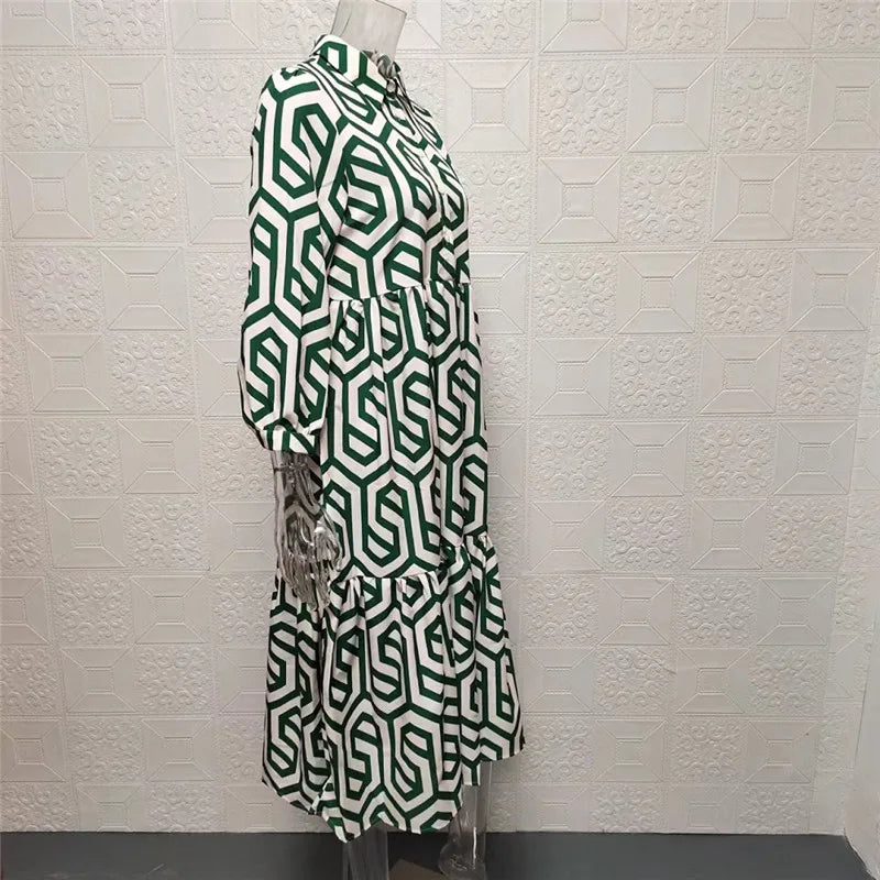 Robe femme longue – Manches longues – Coupe ample – Motif géométrique – Tissu respirant